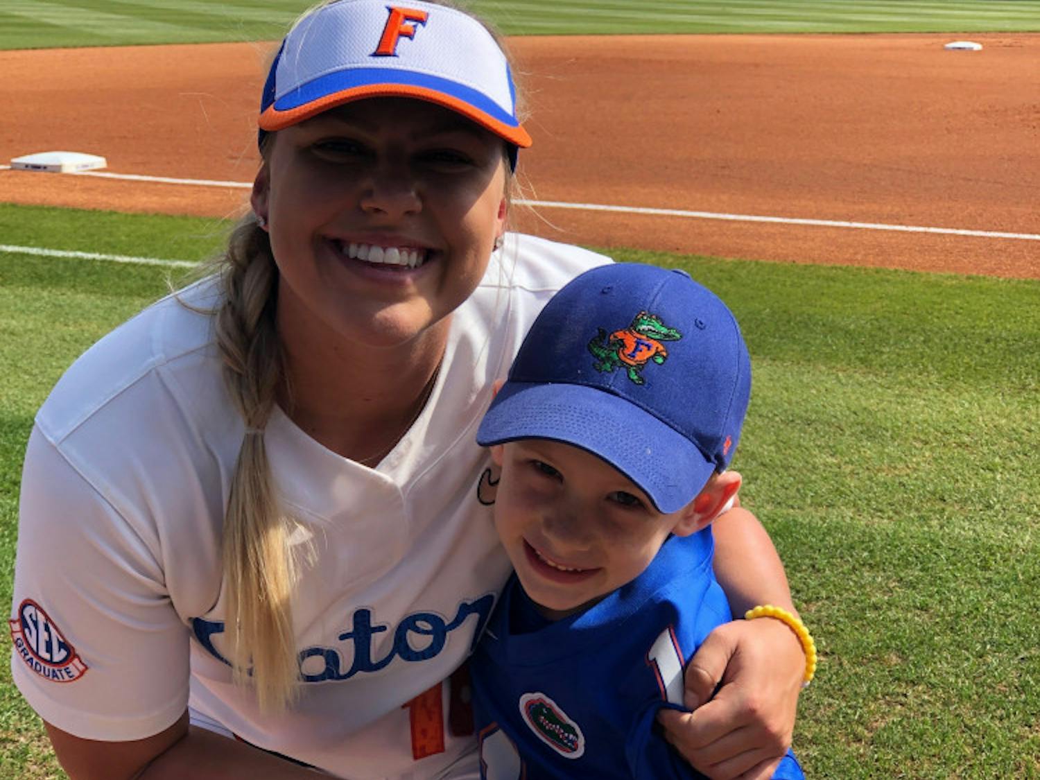 Carter Georges and UF first baseman/left fielder Amanda Lorenz pose before Florida's game against Tennessee on March 10. The Gators defeated the Volunteers 8-0. 
