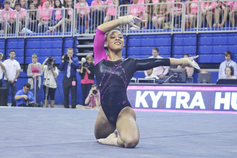 <p>Kytra Hunter performs a floor routine during Florida's win against LSU on Feb. 21 in the O'Connell Center.</p>