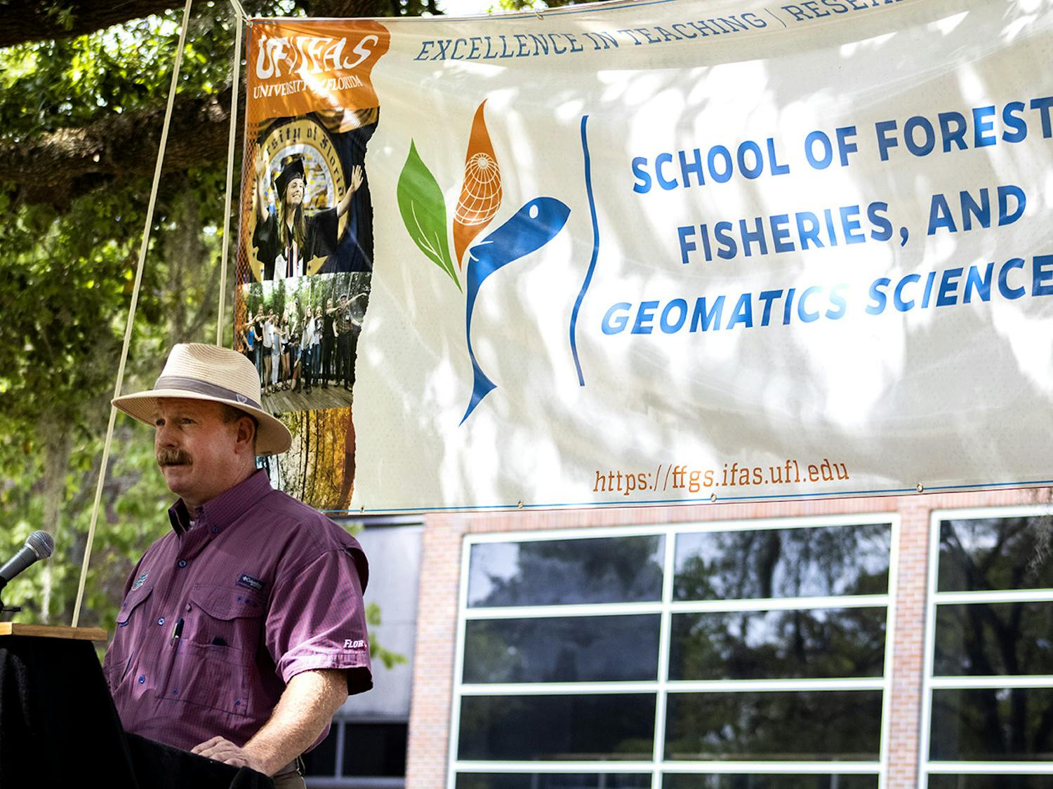 Terrell “Red” Baker speaks during a ceremony that announced the renaming of the UF School of Forest, Fisheries, and Geomatics Sciences on Monday, March 15, 2021. It was formerly called the School of Forest Resources and Conservation. Baker, the school director, said the change will make it easier for people to contact individuals within the program.