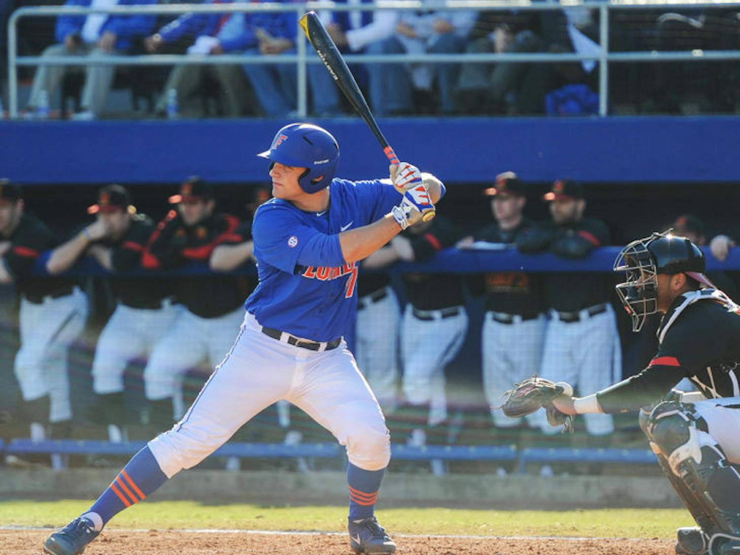 Taylor Gushue bats during Florida’s 9-7 loss against Maryland on Saturday at McKethan Stadium. Gushue drove in three runs in UF’s 8-5 win on Sunday.