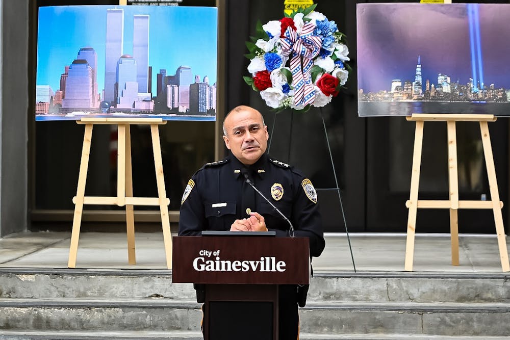 <p>Police Chief Nelson Moya gives a speech on Sept. 11, 2024, at the Gainesville Police Department.</p>