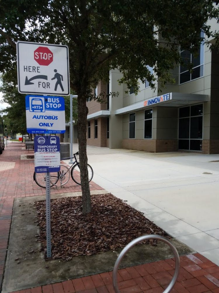 "Autobus only" signs are appearing at bus stops across Gainesville. This sign is located outside Innovation Hub on Southwest Second Avenue.