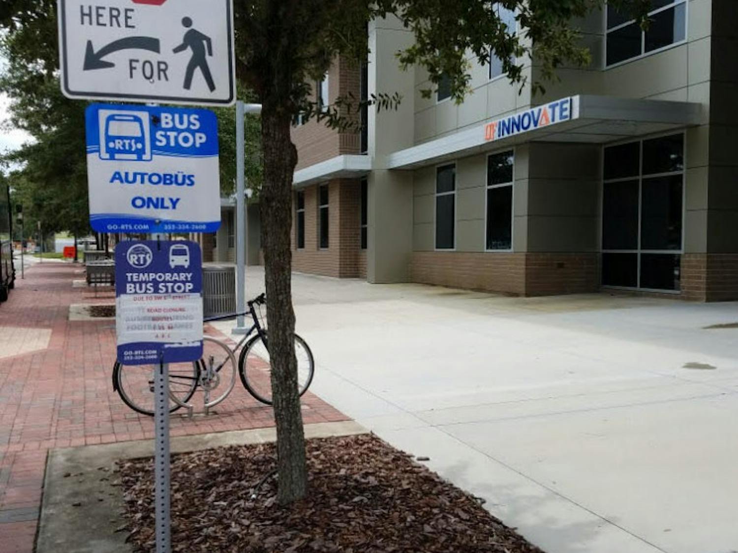 "Autobus only" signs are appearing at bus stops across Gainesville. This sign is located outside Innovation Hub on Southwest Second Avenue.