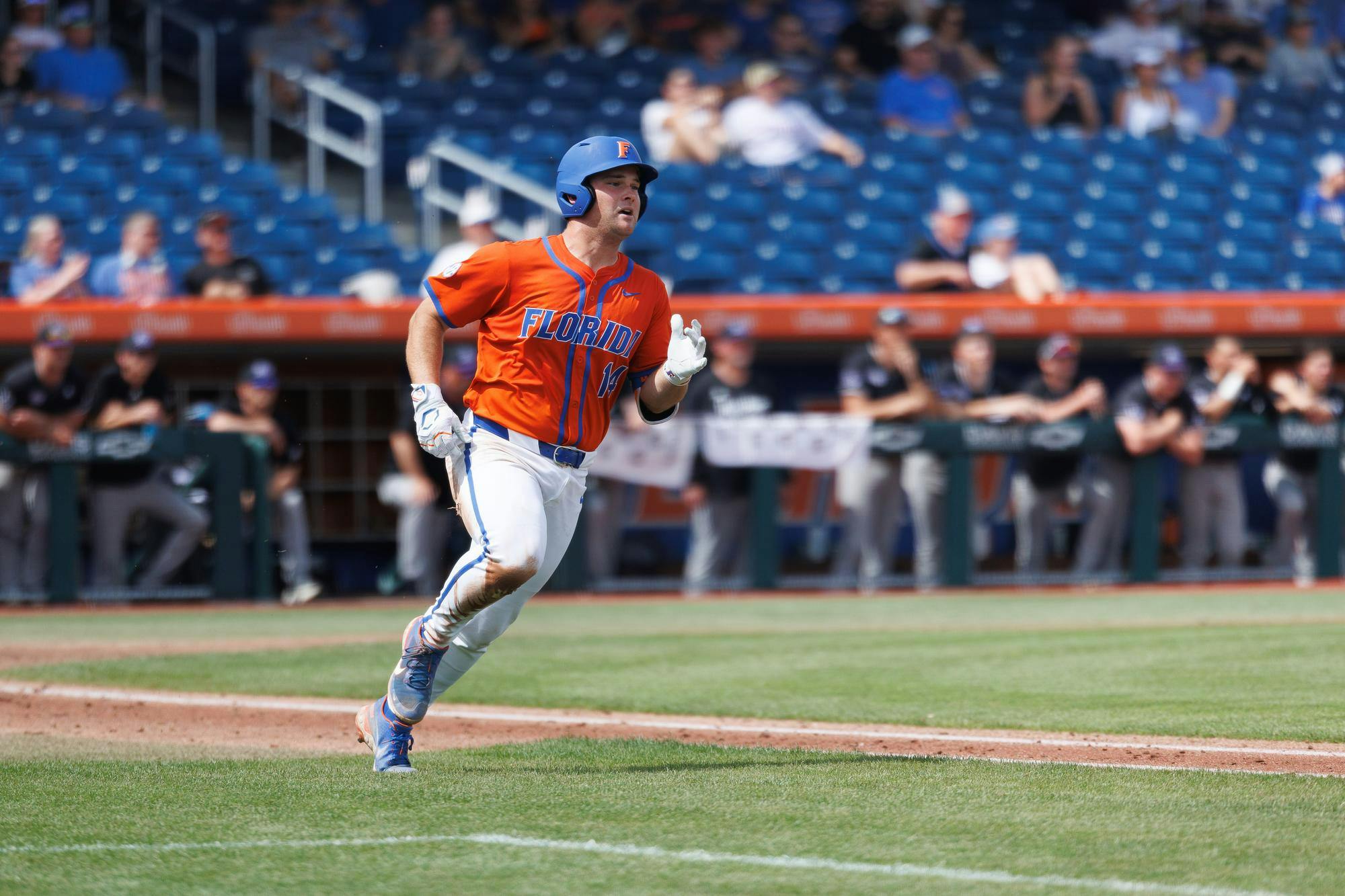Florida catcher Karson Bowen (14) runs to first base during an NCAA baseball game against High Point University, Friday, March 8, 2026, in Gainesville, Fla.