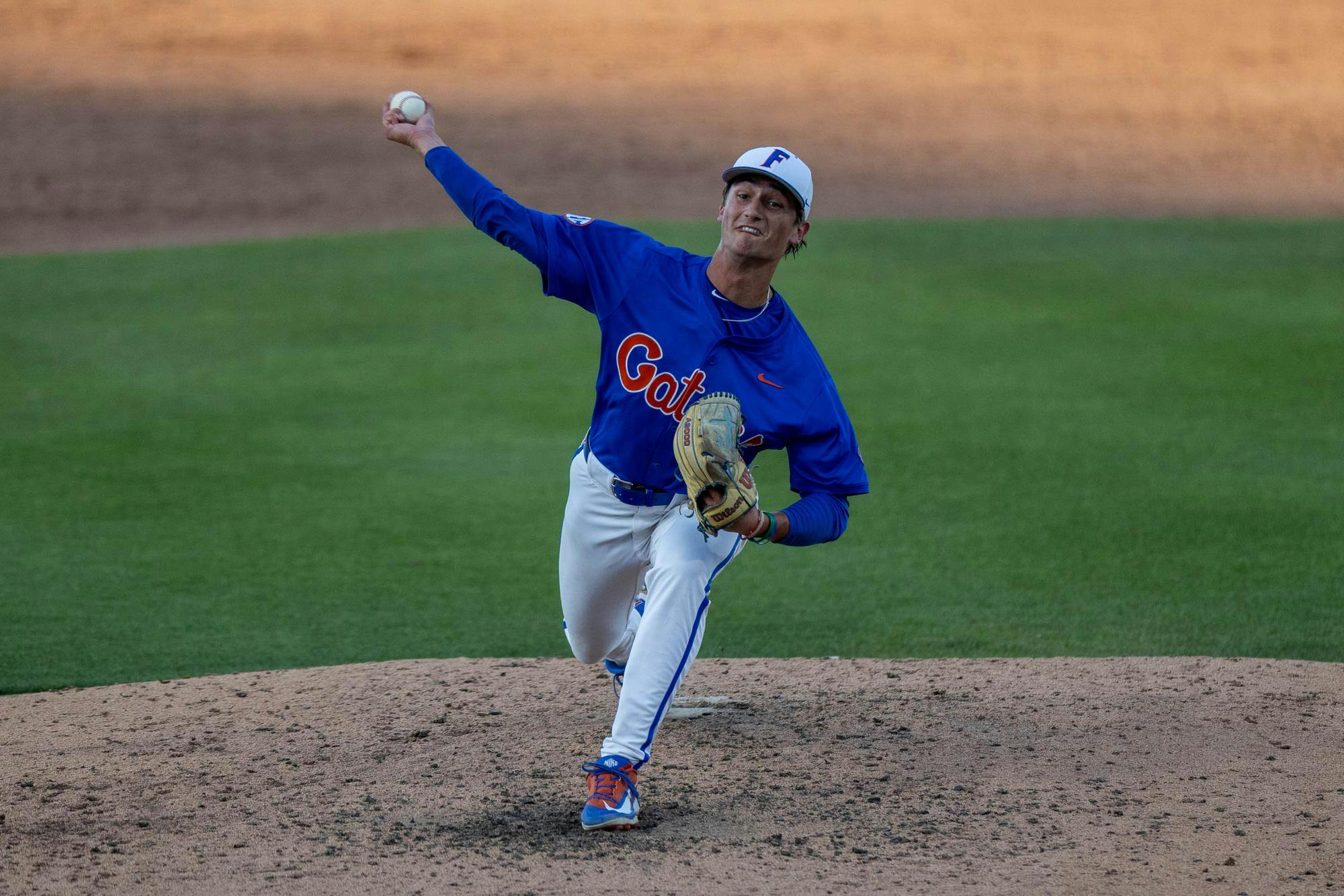 Florida right-handed pitcher Luke McNeillie (9) pitches during an NCAA college baseball game against Auburn at Condron Family Ballpark in Gainesville, Fla., Friday, April 17, 2026.