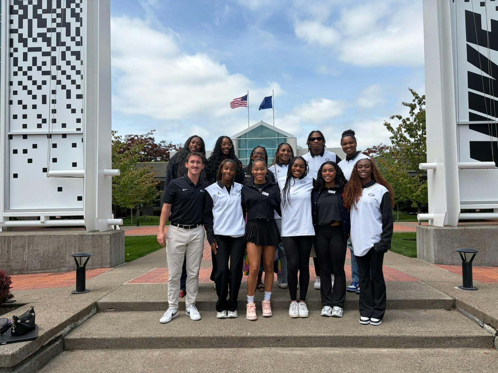 Front row (from left):&nbsp;Assistant Coordinator of Gators Experience Dylan Gilmore, Anya Pilgrim (GYM), Skye Blakely (GYM), Jayla Booker( GYM), eMjae Frazier (GYM), Taylor Clark (GYM).Back row (from left): Amaya Thomas (VB), Aniya Madkin (VB), Assistant Director of Advising Marina Culbertson, Lena Bailey (SOC), Nicolas Crosswhite (T&amp;F), Jayden Emmanuel (SOC).
