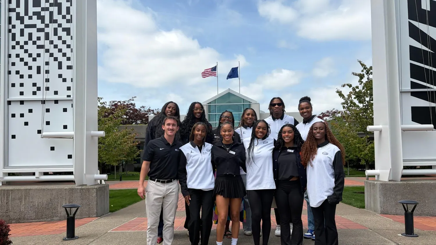 Front row (from left): Assistant Coordinator of Gators Experience Dylan Gilmore, Anya Pilgrim (GYM), Skye Blakely (GYM), Jayla Booker( GYM), eMjae Frazier (GYM), Taylor Clark (GYM).Back row (from left): Amaya Thomas (VB), Aniya Madkin (VB), Assistant Director of Advising Marina Culbertson, Lena Bailey (SOC), Nicolas Crosswhite (T&F), Jayden Emmanuel (SOC).