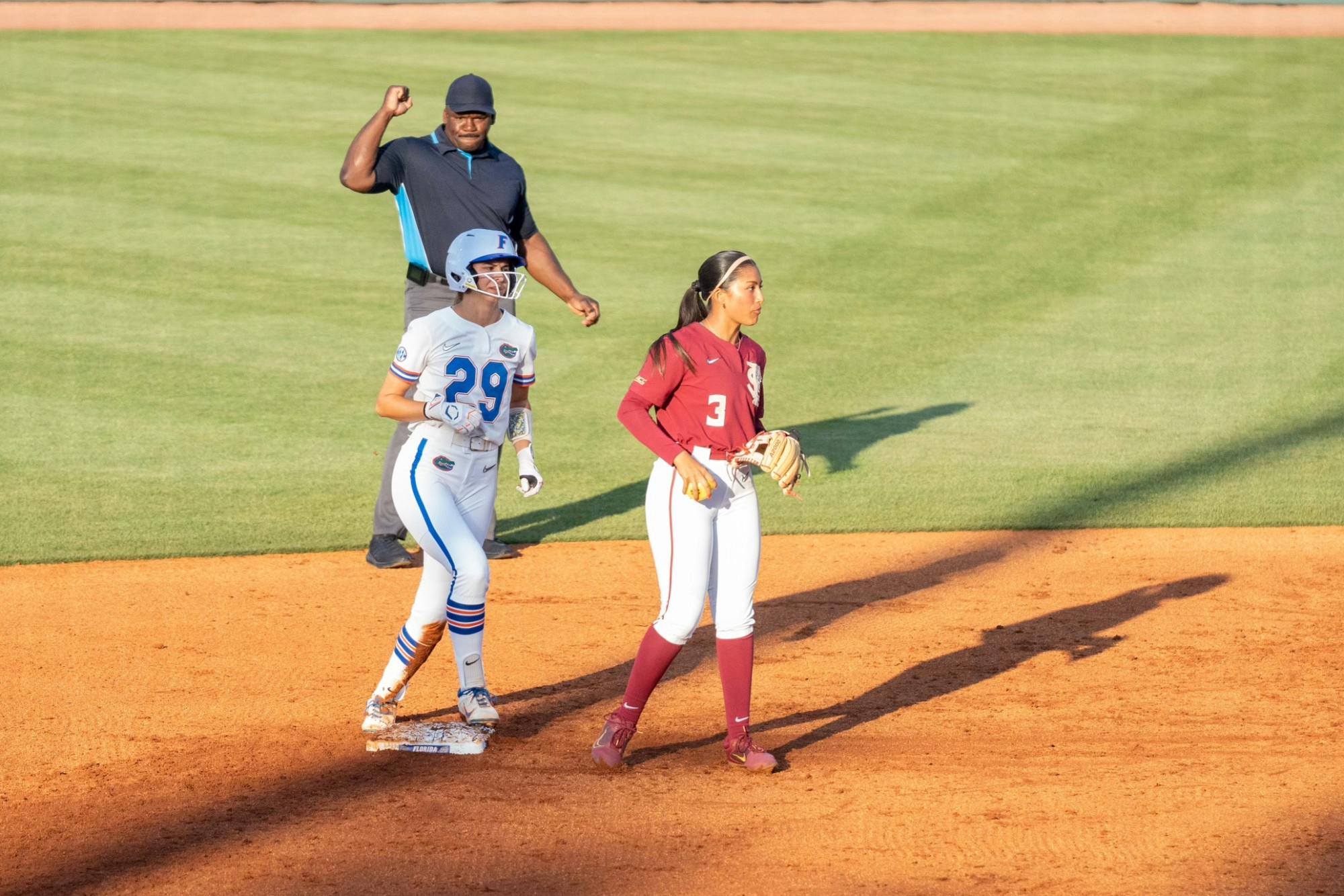 Florida softball's Kendra Falby is called out during the team's 12-3 loss to Florida State on Wednesday, April 24, 2024. 