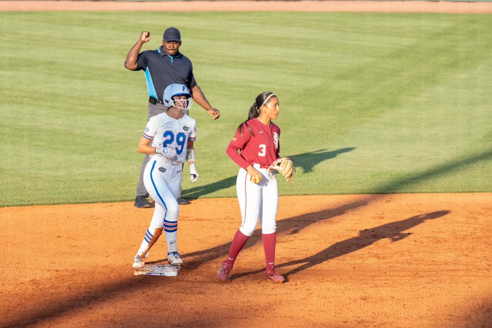 Florida softball's Kendra Falby is called out during the team's 12-3 loss to Florida State on Wednesday, April 24, 2024. 