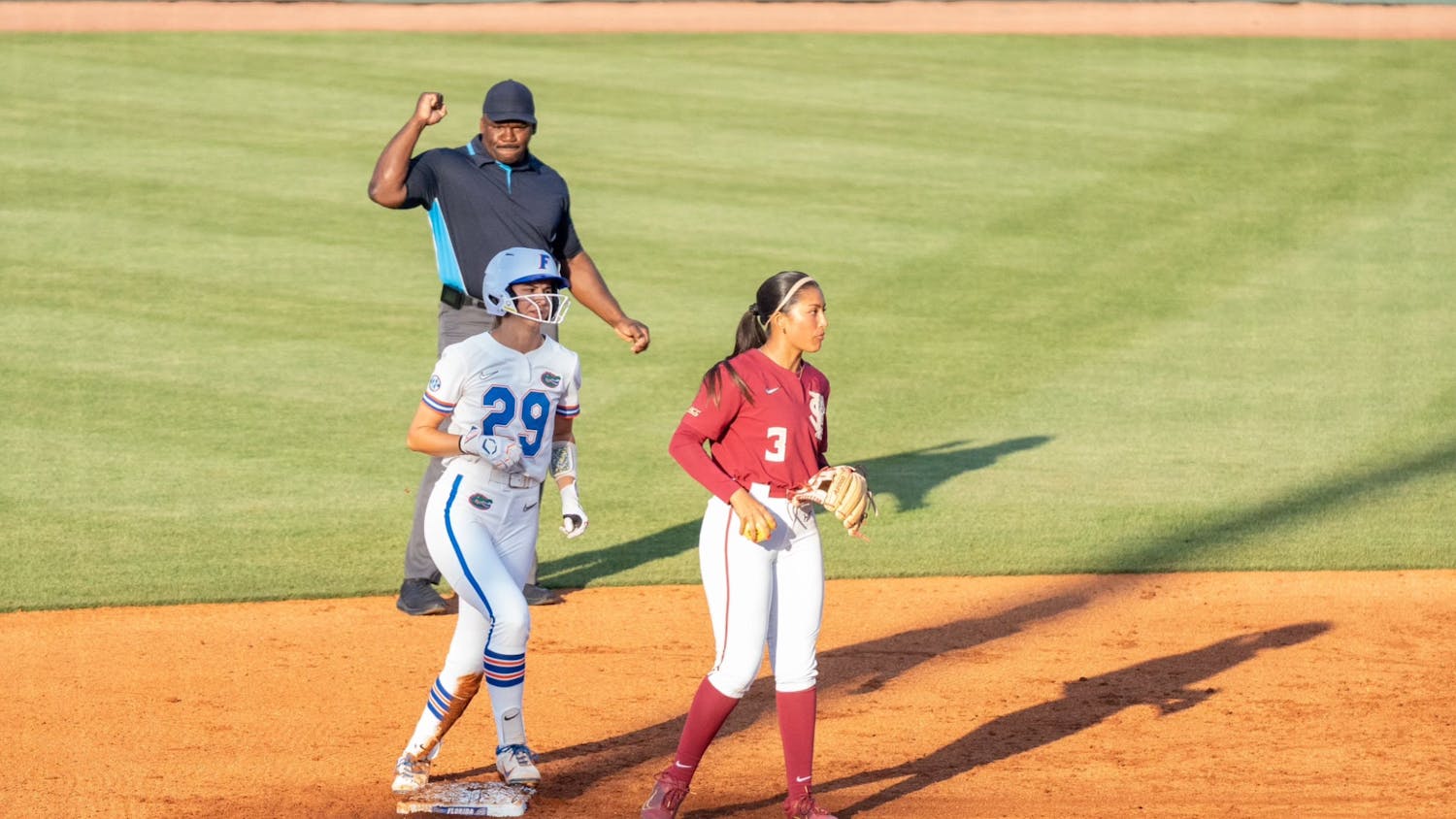 Florida softball's Kendra Falby is called out during the team's 12-3 loss to Florida State on Wednesday, April 24, 2024. 