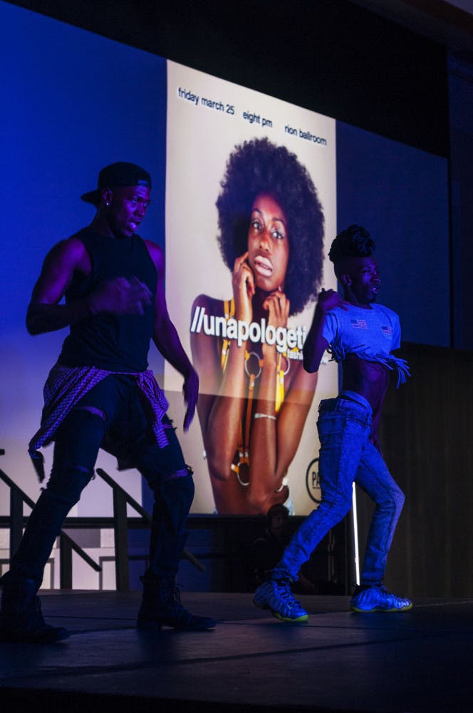 Delvin Jordan, left, a 23-year-old dancer for the Miami Marlins, and Devontae Johnson, a 24-year-old professional dancer and choreographer, perform during the fashion show.