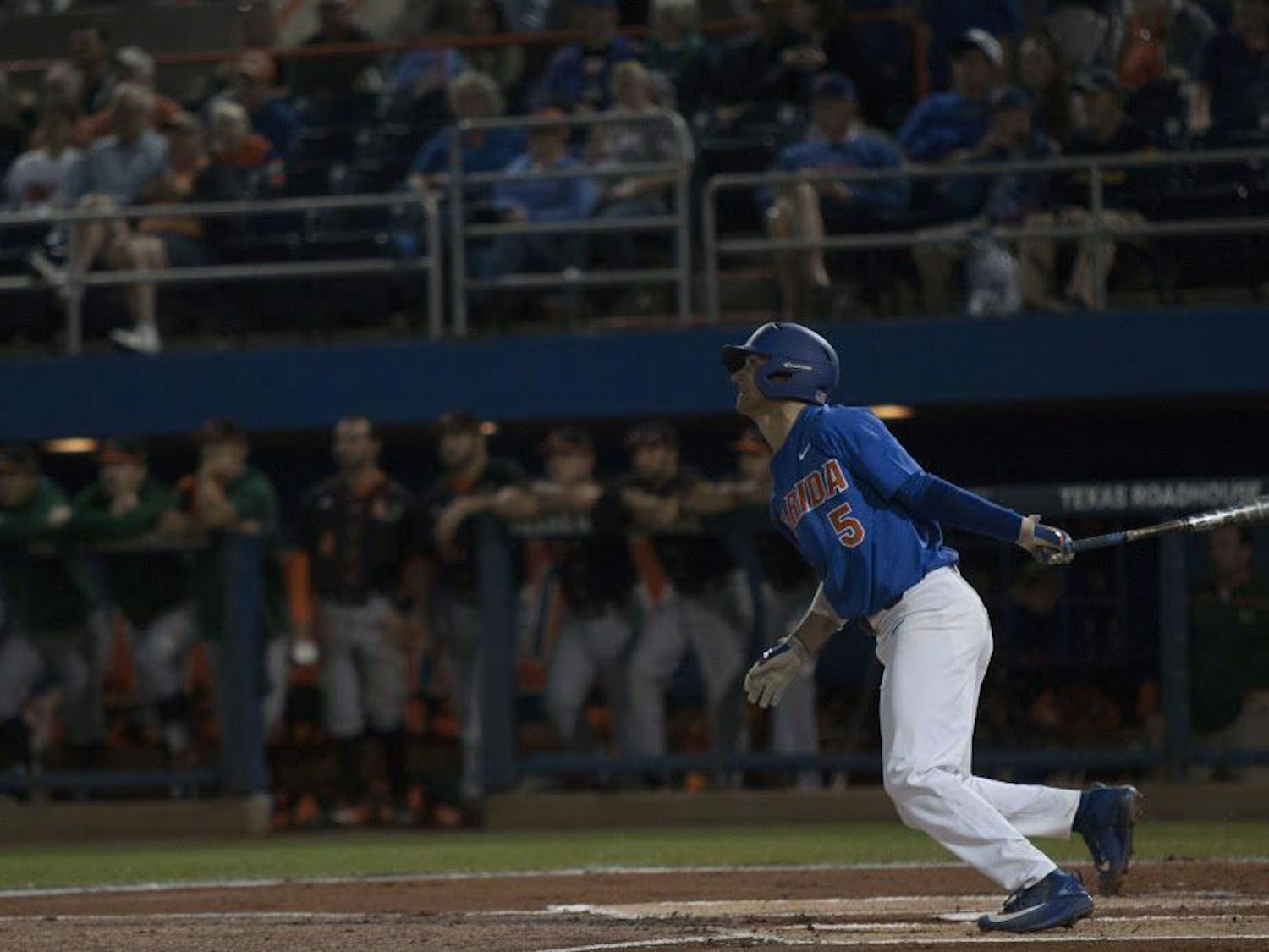 UF shortstop Dalton Guthrie swings during Florida's 2-0 win against Miami on Feb. 25, 2017, at McKethan Stadium.