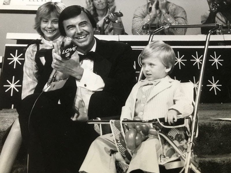 Joseph Glover hosting the annual Muscular Dystrophy telethon while working in Detroit. Glover would host the annual 24-hour television event during his time in the city.&nbsp;