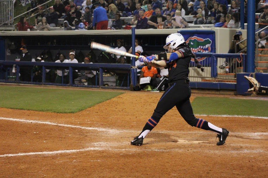 UF shortstop Sophia Reynoso bats during Florida's 9-3 win over Northwestern State on Feb. 17, 2017, at Katie Seashole Pressly Stadium.&nbsp;