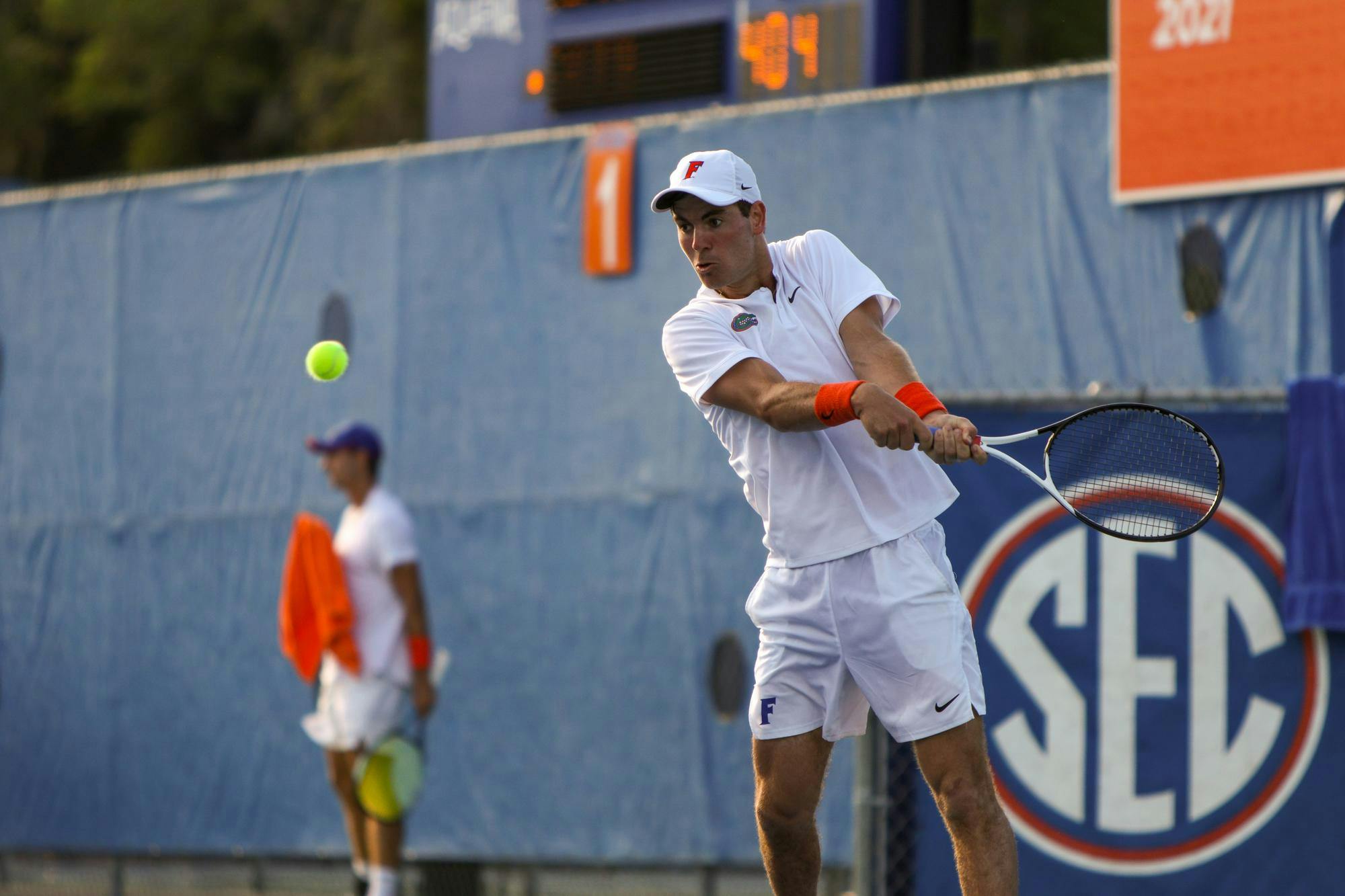 During the Florida Gators Mens Tennis match game vs the Arkansas Razorbacks. Photo by Ryan Friedenberg