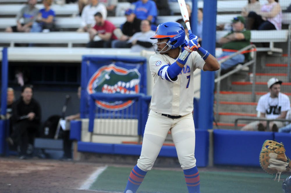 <p>Kelsey Stewart bats during Florida's doubleheader sweep against Jacksonville on Feb. 17, 2016, at Katie Seashole Pressly Stadium.</p>