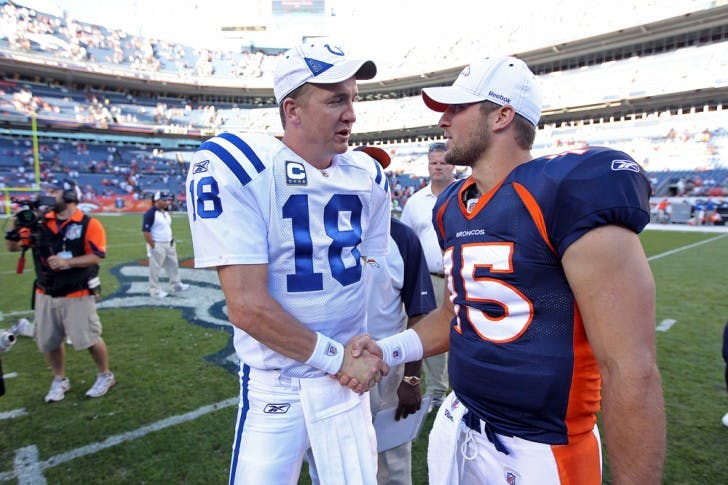 Former Colts quarterback Peyton Manning (18) is reportedly in contract negotiations with the Broncos, leaving Tim Tebow’s future with the team uncertain.