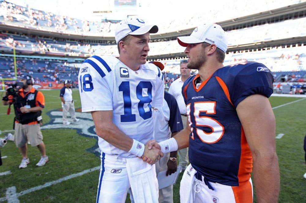 <p>Former Colts quarterback Peyton Manning (18) is reportedly in contract negotiations with the Broncos, leaving Tim Tebow’s future with the team uncertain.</p>