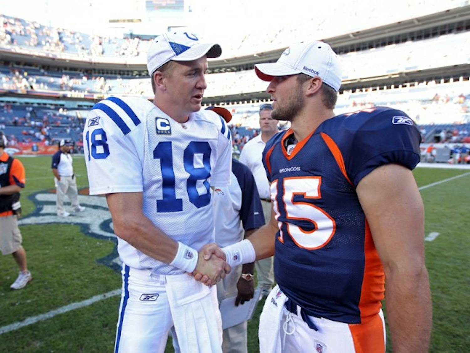 Former Colts quarterback Peyton Manning (18) is reportedly in contract negotiations with the Broncos, leaving Tim Tebow’s future with the team uncertain.