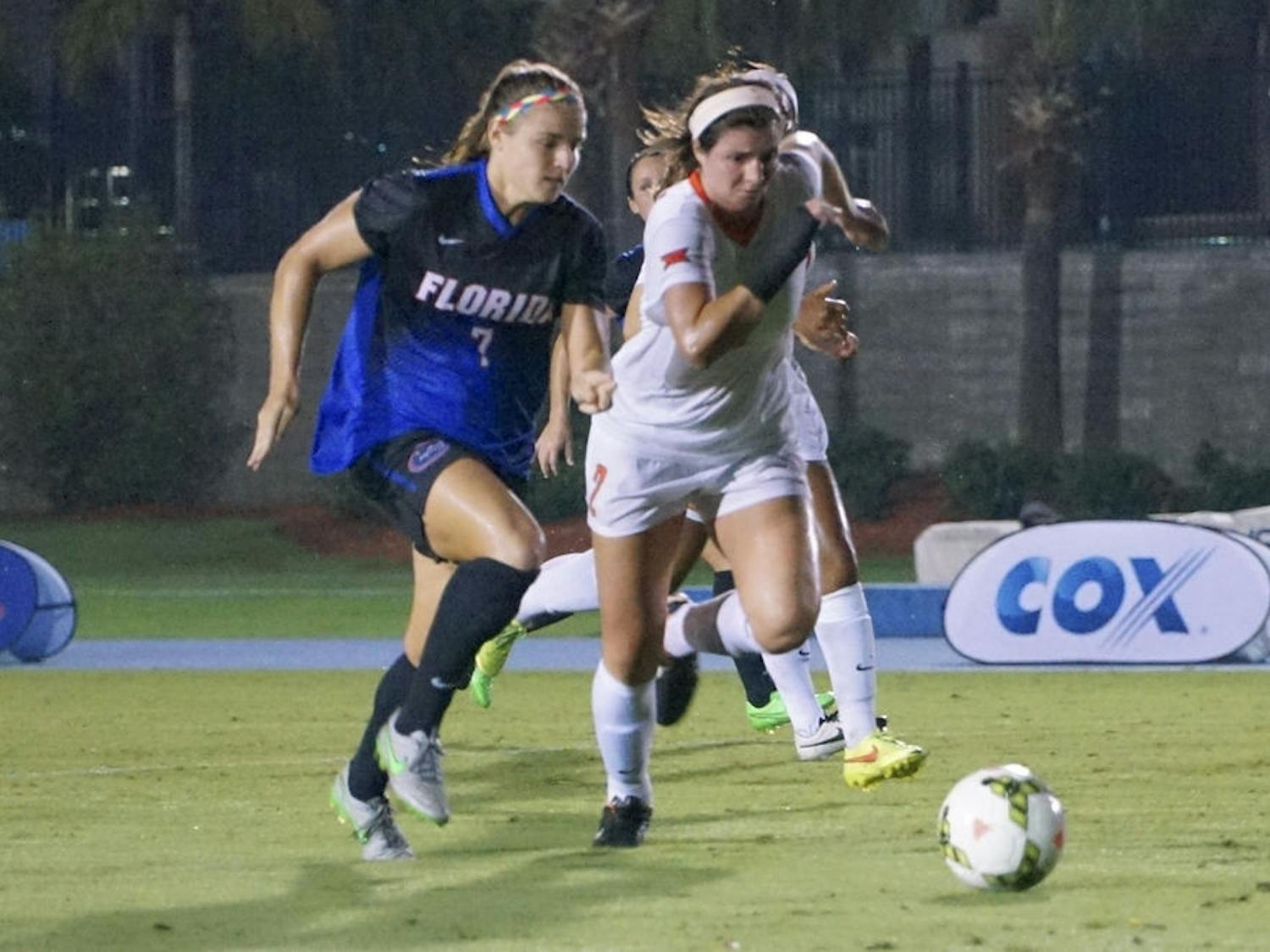 UF forward Savannah Jordan chases after the ball during Florida's 3-2 win against Oklahoma State on Sept. 4, 2015, at James G. Pressly Stadium.