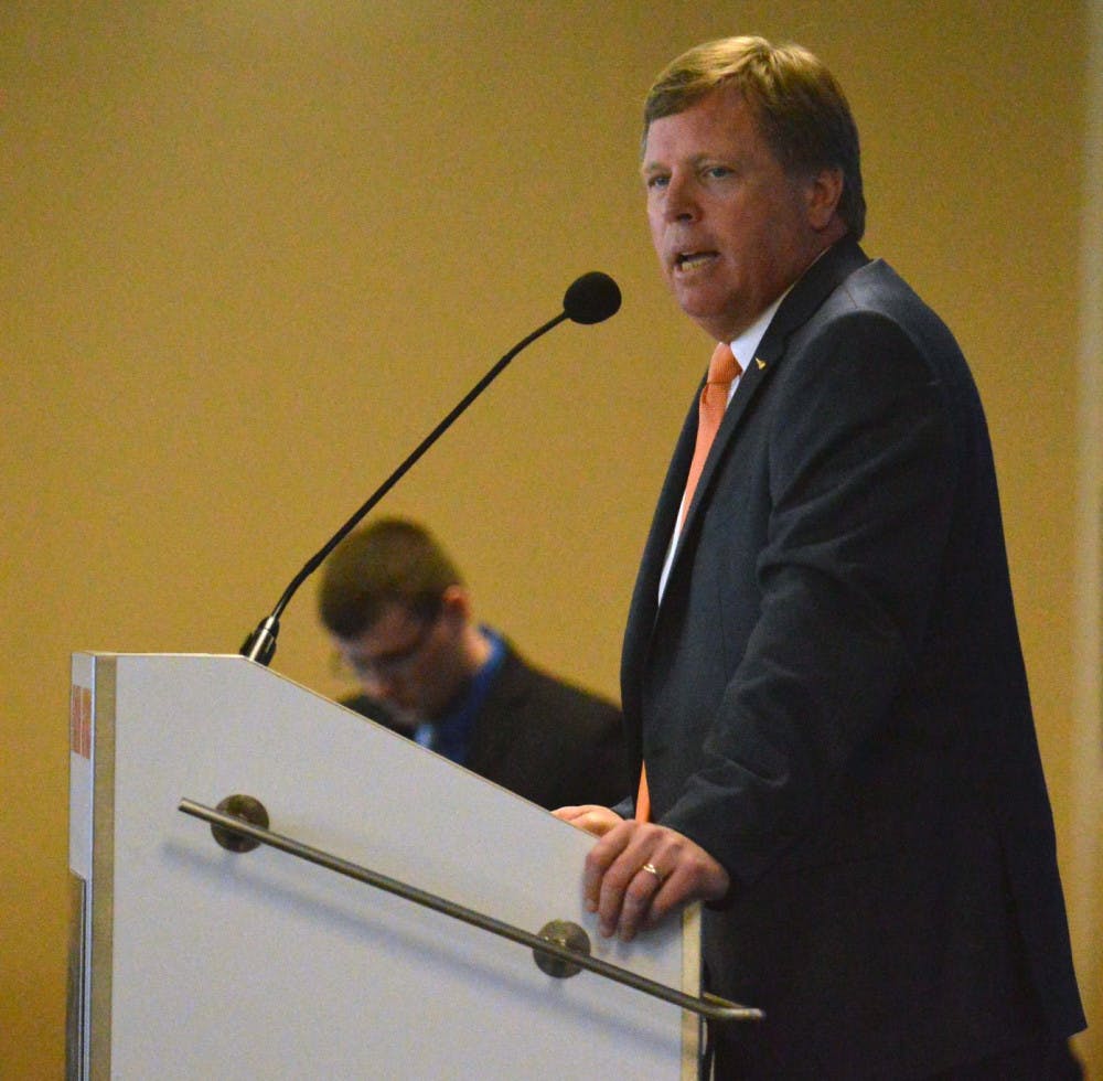 New head football coach Jim McElwain speaks at his opening press conference on Saturday in Ben Hill Griffin Stadium.