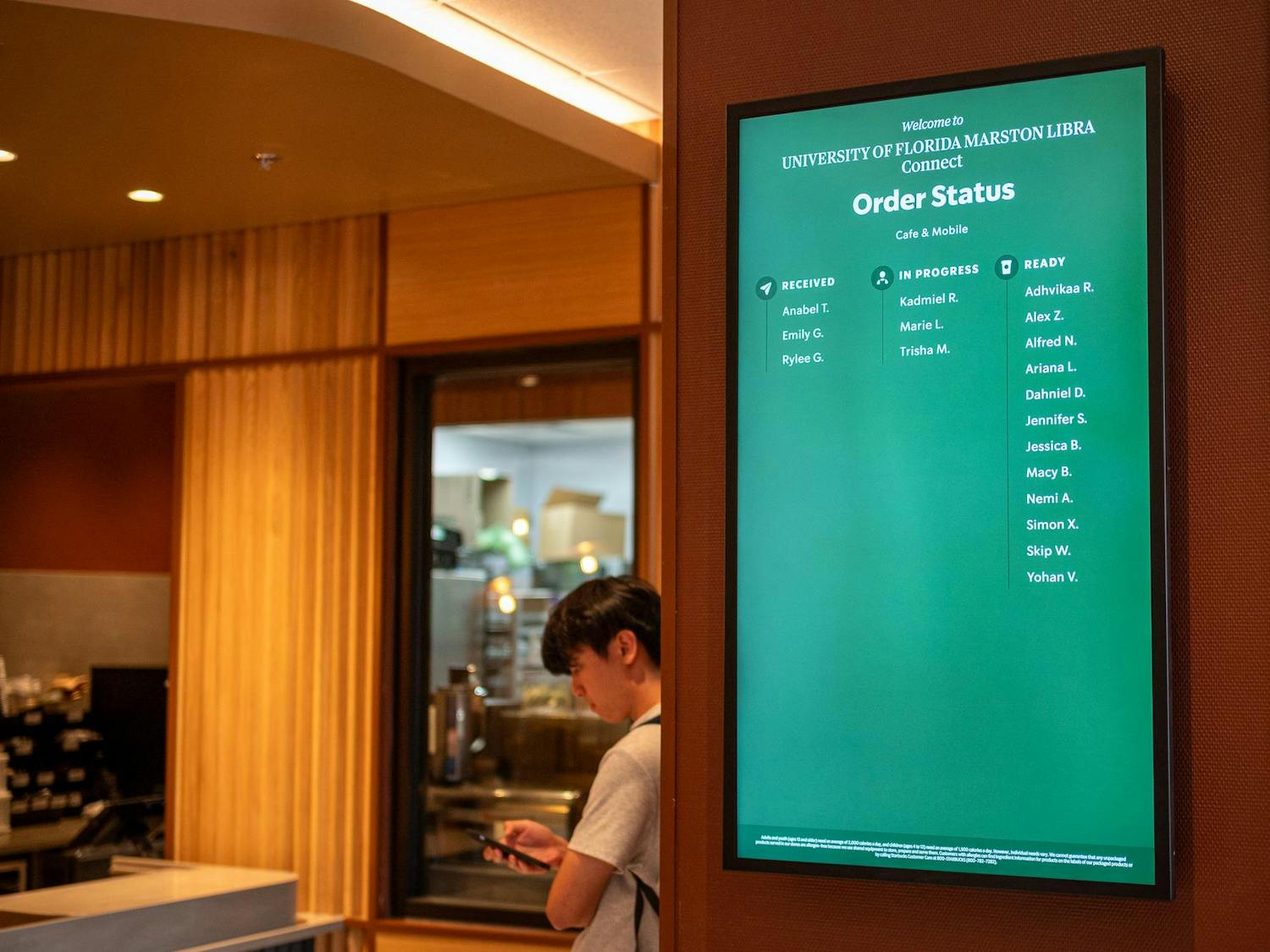 A sign inside the Marston Science Library Starbucks location showing the status of mobile orders at the store on Thursday, Sept. 11, 2025.
