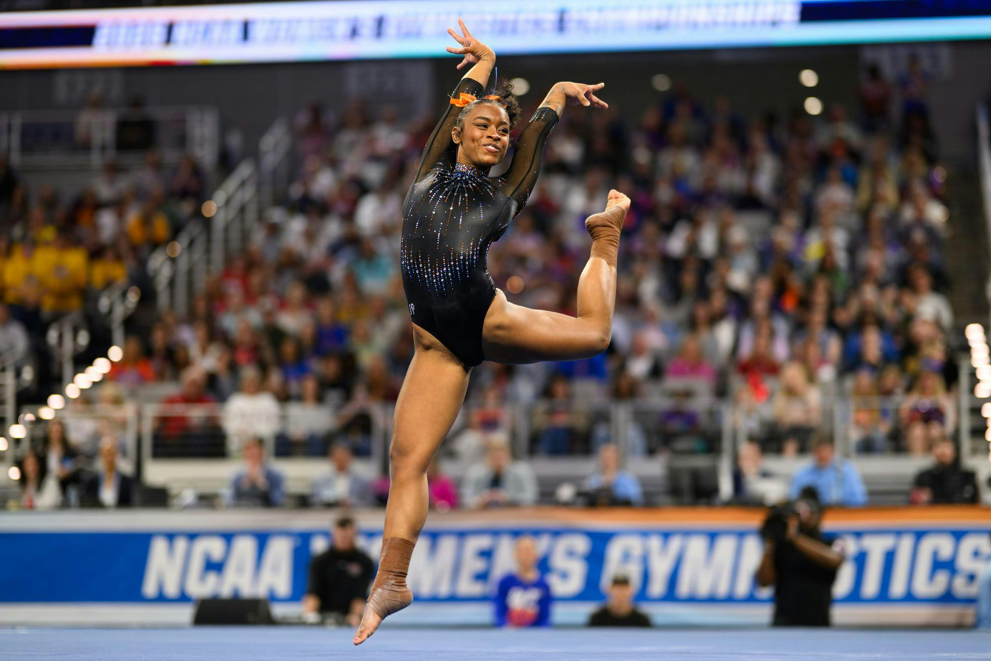 Florida gymnast Selena Harris-Miranda performs on the floor during the NCAA gymnastics National Championship against Oklahoma, LSU and Minnesota, Saturday, April 18, 2026, in Fort Worth, Texas.