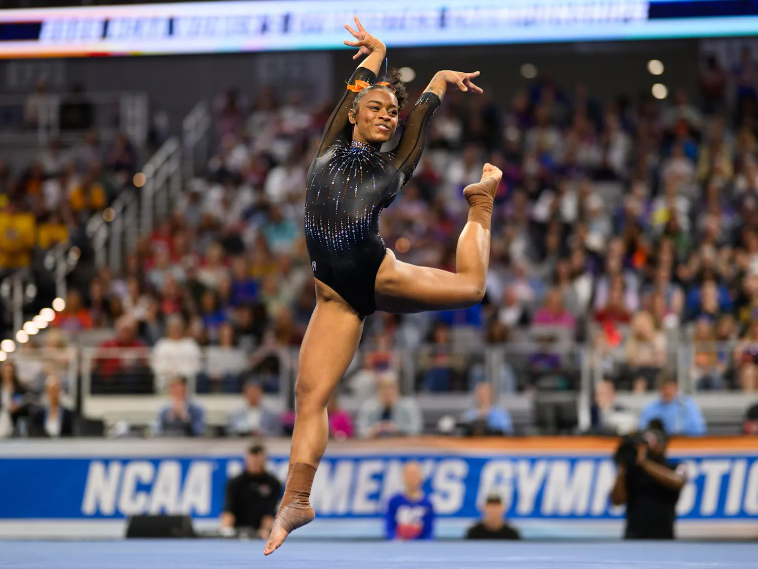 Florida gymnast Selena Harris-Miranda performs on the floor during the NCAA gymnastics National Championship against Oklahoma, LSU and Minnesota, Saturday, April 18, 2026, in Fort Worth, Texas.