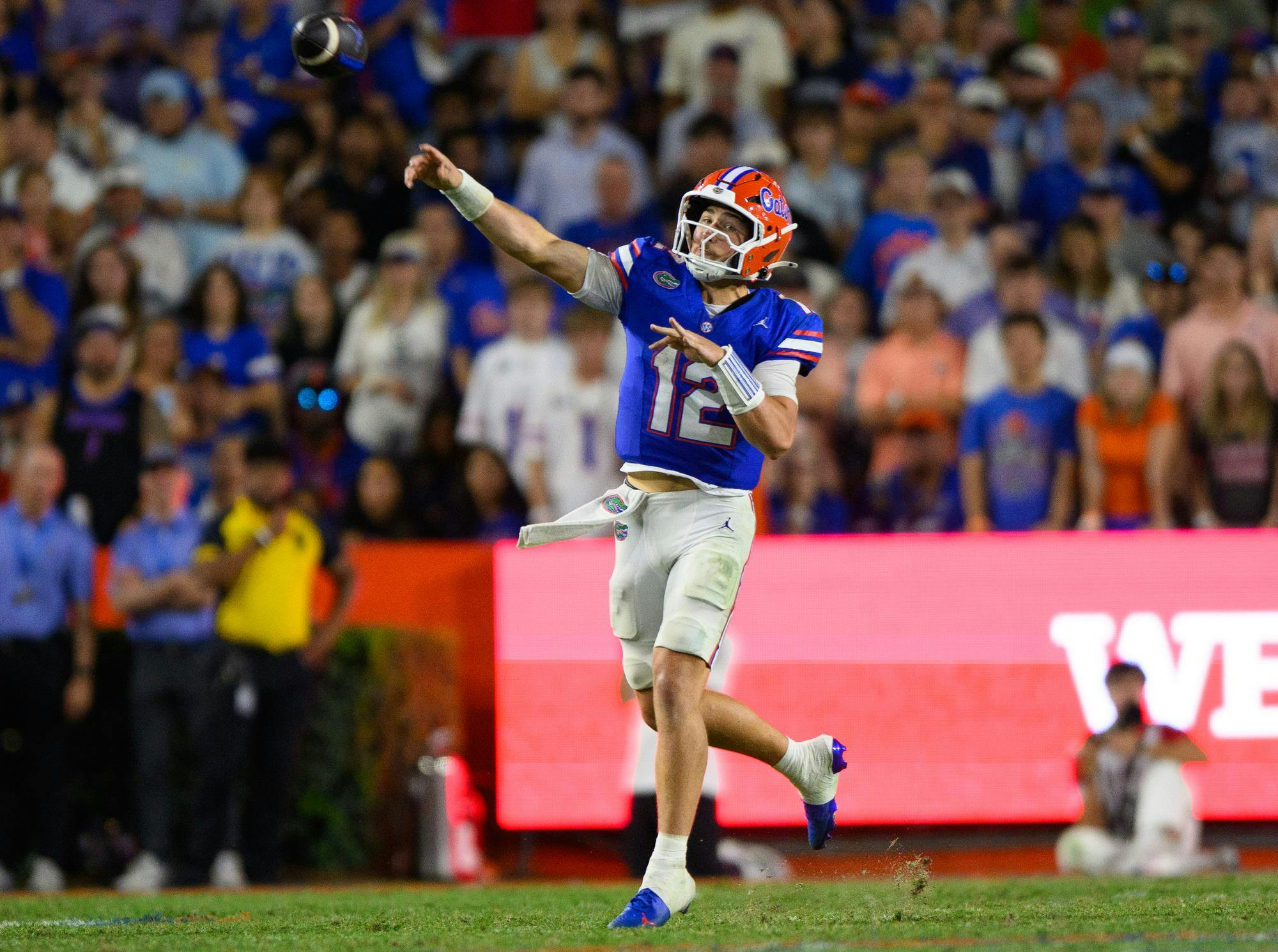 Florida quarterback Aaron Philo (12) throws during the second half of an NCAA college football game against FAU, Saturday, Sept. 5, 2026, in Gainesville, Fla.