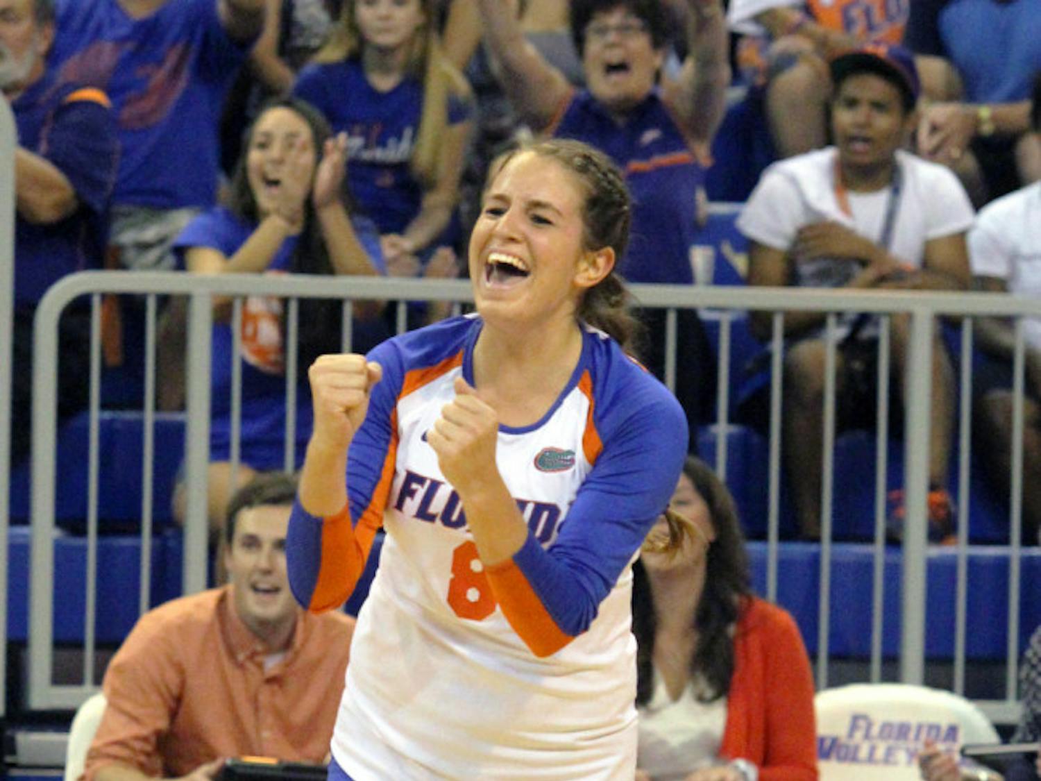 Taylor Brauneis reacts to a play during Florida’s three-set victory against Florida State on Sept. 17 in the O’Connell Center.