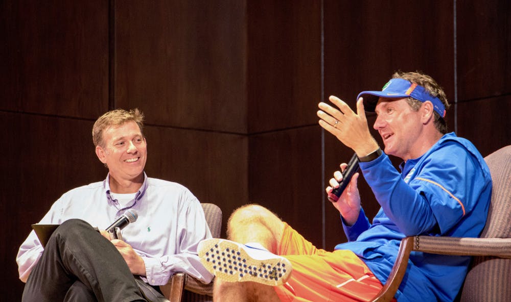 UF football head coach Dan Mullen answers questions and talks about his coaching career, the football program, and more with moderator Ted Spiker at the Accent Speakers Bureau event Tuesday night. About 200 people attended the free event at the University Auditorium. 