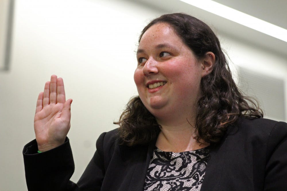 <p><span id="docs-internal-guid-bc2dd7cd-8833-9e86-5d63-b4eaaf336f55"><span>Jackie Phillips is sworn in as president of the Student Senate on Tuesday. Phillips ran unopposed for the position.</span></span></p>