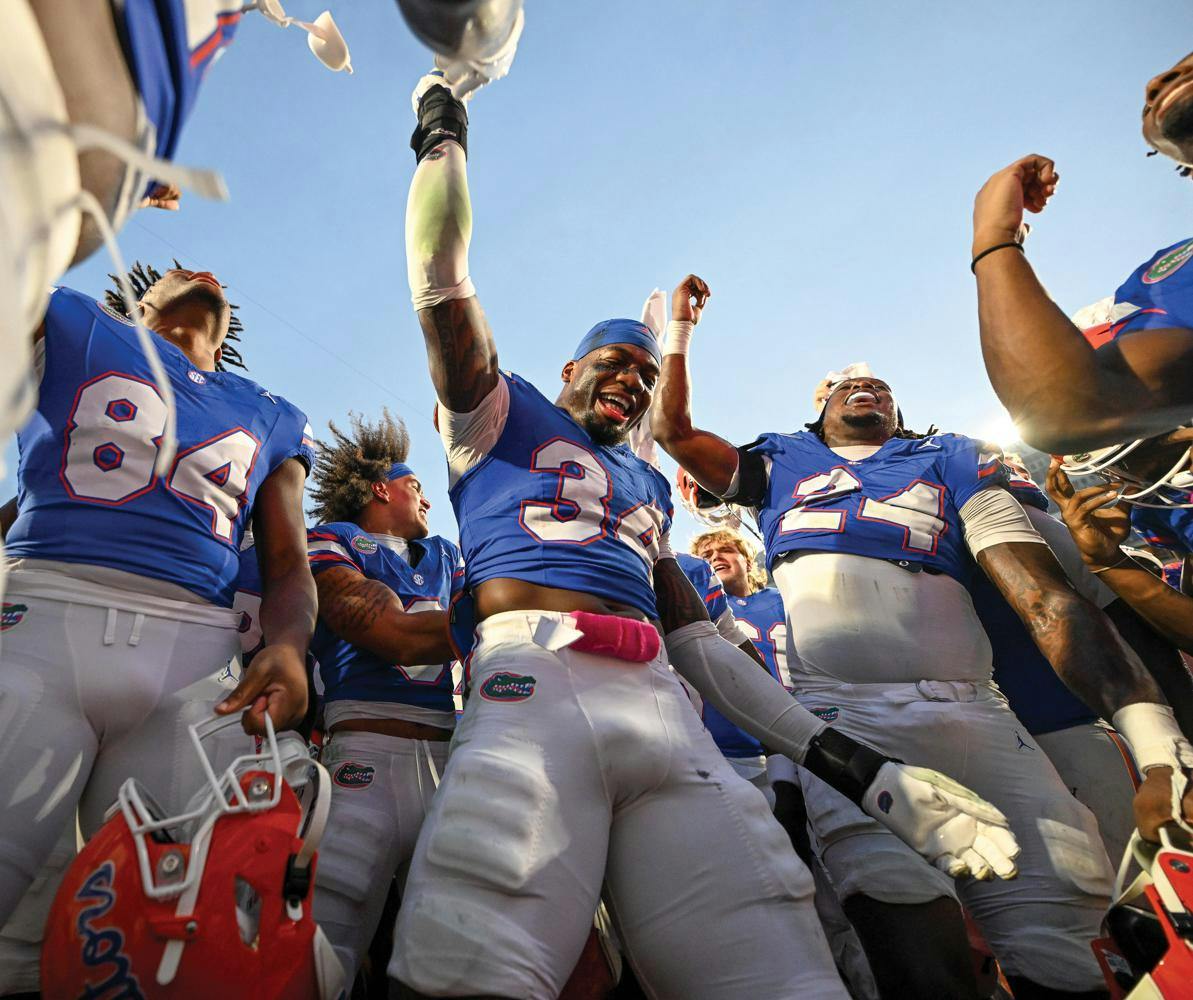 The Florida Gators celebrate a win in a football game, Saturday, Oct. 4, 2025, at Ben Hill Griffin Stadium in Gainesville, Fla.