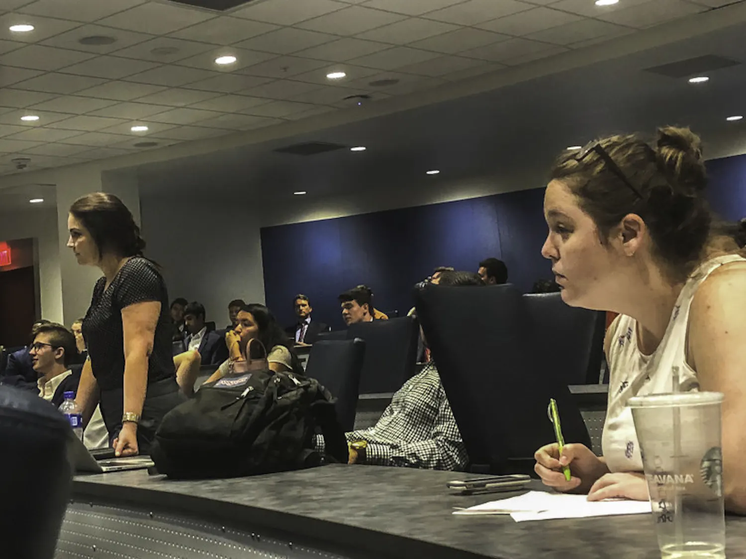Ashley Grabowski (left) at a May 25 Student Senate meeting.