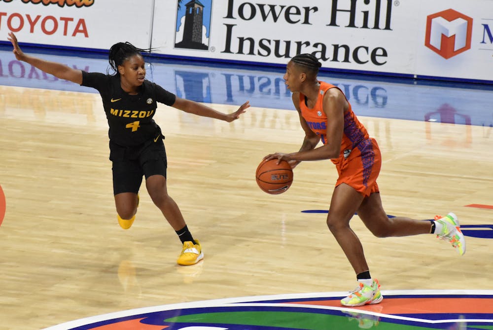 <p>Florida&#x27;s Kiara Smith pictured during a Jan. 28, 2021 game against Mizzou. Smith led Florida with 18 points versus Vanderbilt Thursday, but 28 turnovers plagued the Gators. </p>