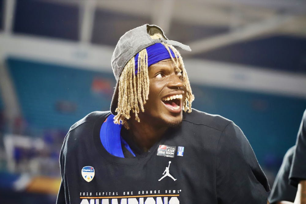 <p>Then-junior receiver Kadarius Toney celebrates an Orange Bowl victory to end the Gators' 2019 season. A healthy Toney is poised to make a splash for Florida this year.</p>