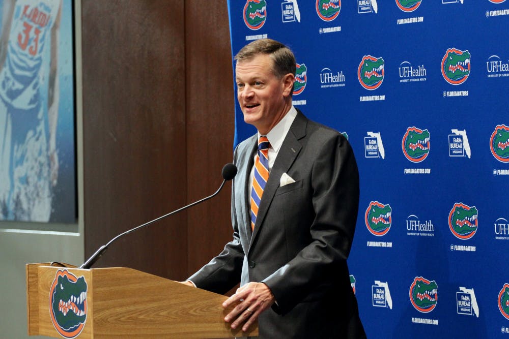 UF athletic director Scott Striklin speaks at a press conference announcing former Mississippi State coach Dan Mullen as Florida's next head coach.