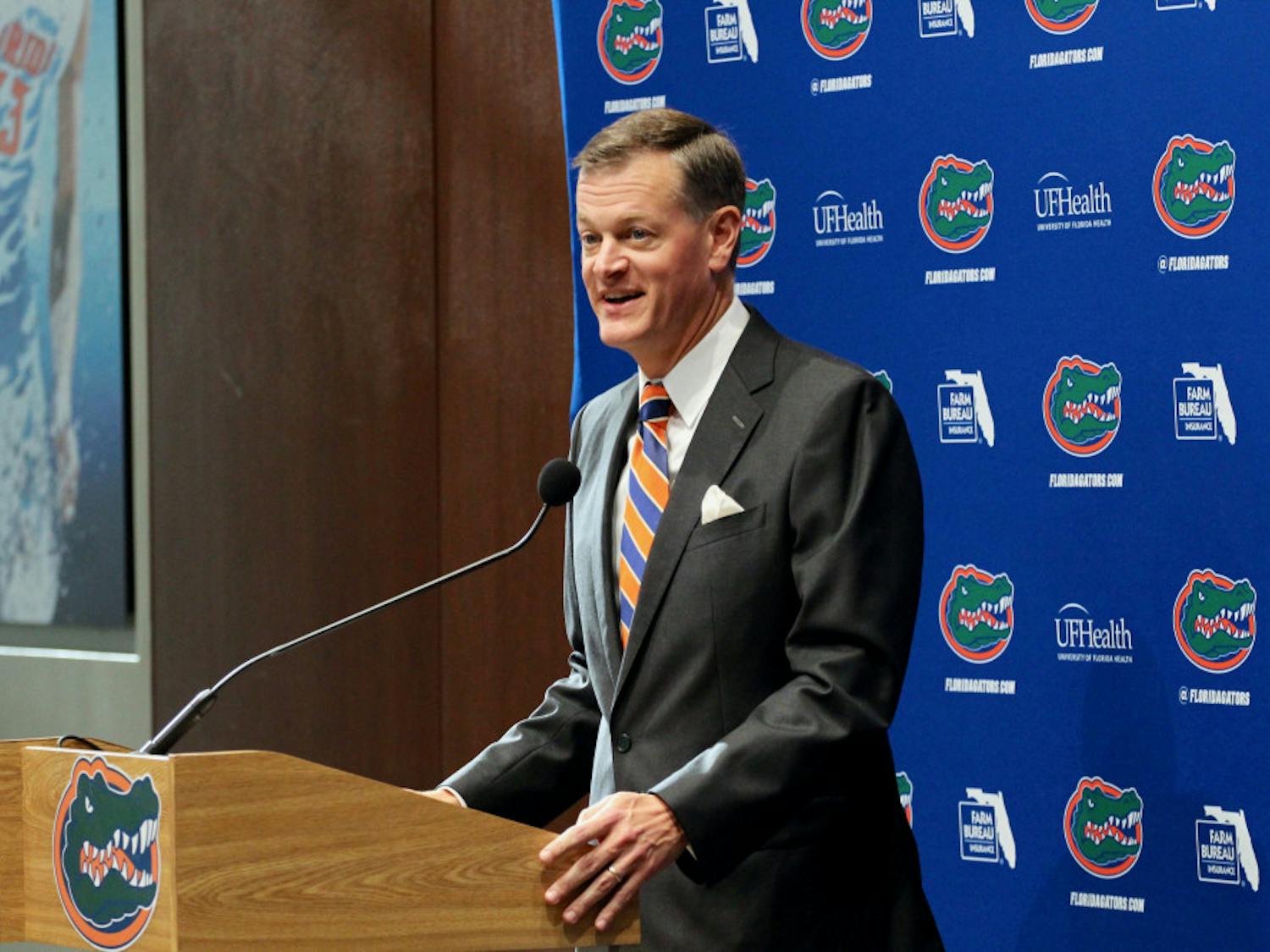 UF athletic director Scott Striklin speaks at a press conference announcing former Mississippi State coach Dan Mullen as Florida's next head coach.