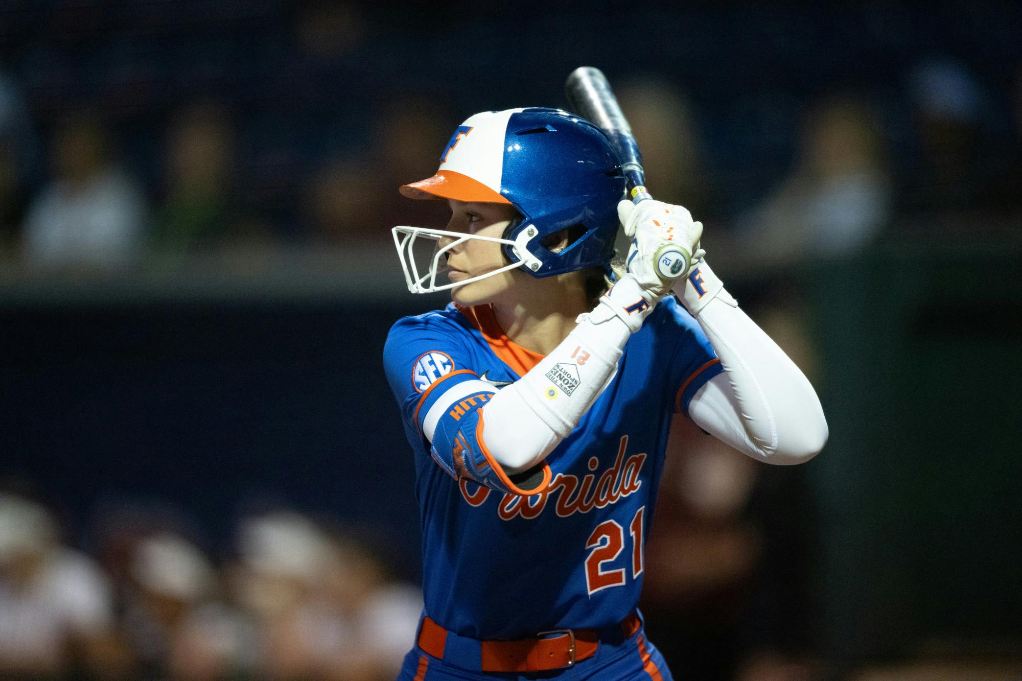 Florida Gators outfielder Taylor Shumaker (21) stands in the on deck circle during a softball game against Boston College in Gainesville, Fla., on Thursday, Feb. 13, 2025.