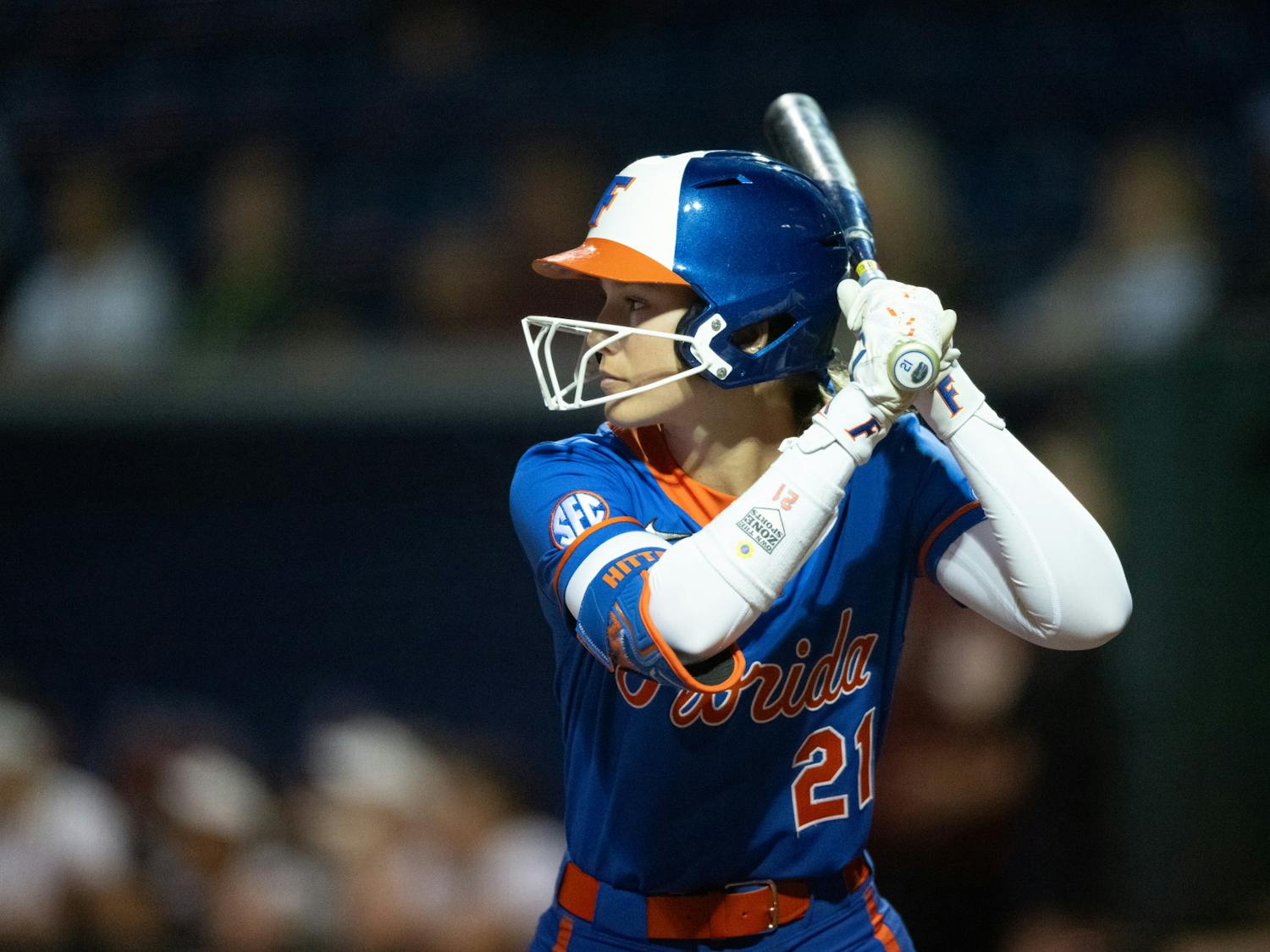 Florida Gators outfielder Taylor Shumaker (21) stands in the on deck circle during a softball game against Boston College in Gainesville, Fla., on Thursday, Feb. 13, 2025.