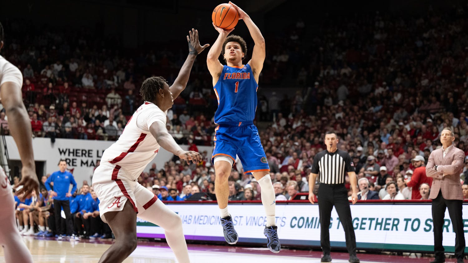 Florida Gators guard Walter Clayton Jr. (1) shoots the ball in a basketball game against Alabama on Wednesday, March 5, 2025, in Tuscaloosa, Ala.