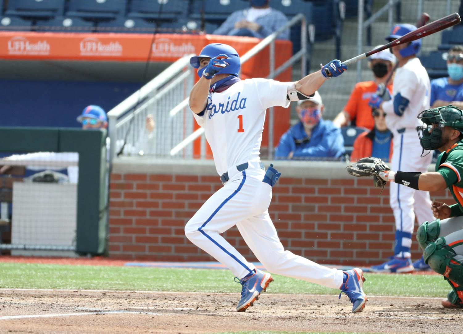 Jacob Young brought in his first RBI with a 2nd-inning double to bring the Gators a lead in the third game against Samford. Photo from UF-Miami game Feb. 21. Courtesy of the SEC Media Portal.