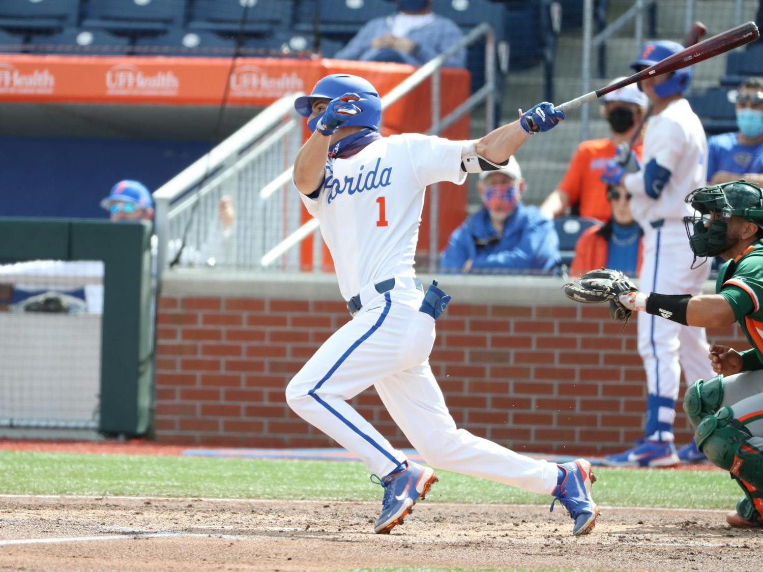 Jacob Young brought in his first RBI with a 2nd-inning double to bring the Gators a lead in the third game against Samford. Photo from UF-Miami game Feb. 21. Courtesy of the SEC Media Portal.