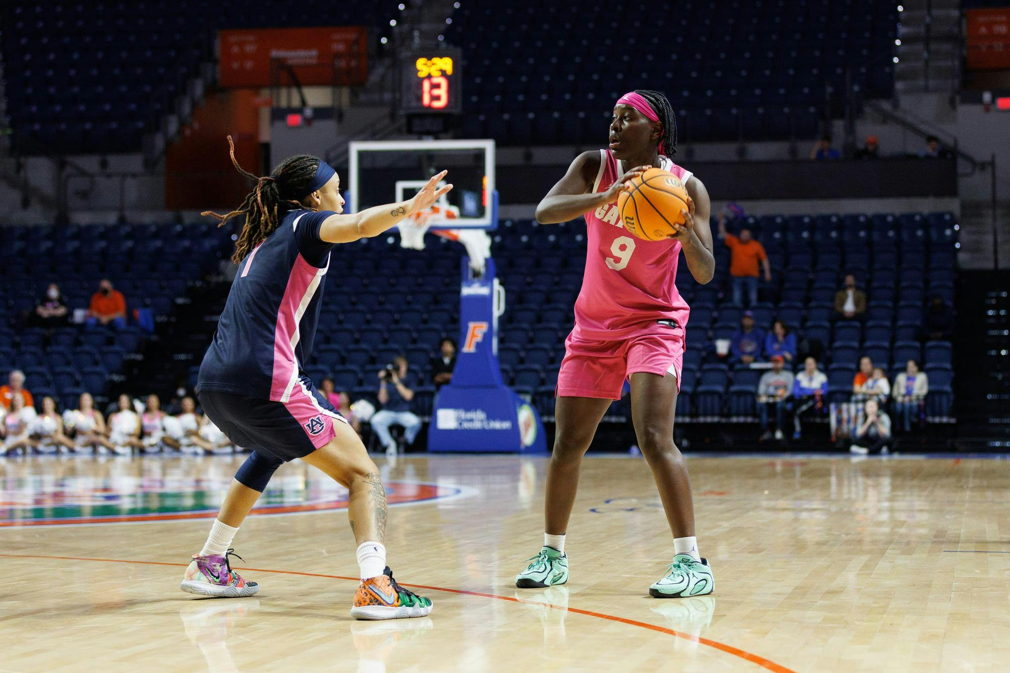 Florida guard Alexia Dizeko (9) holds the ball during the second half of an NCAA basketball game against Auburn, Thursday, Feb. 5, in Gainesville, Fla.