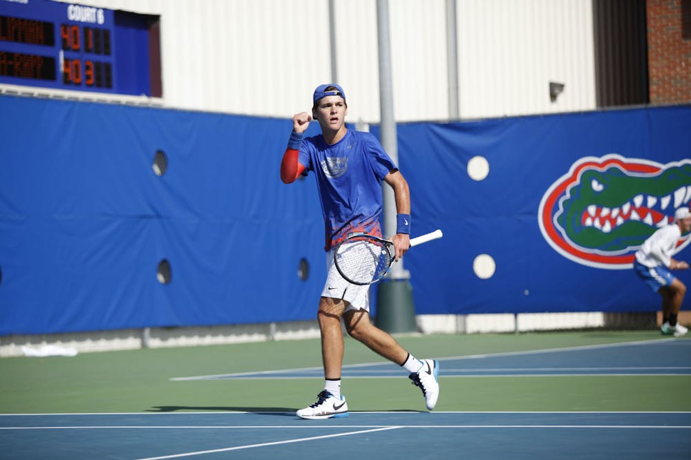 <p>Florida men's tennis player teammate McClain Kessler (above) and teammate Duarte Vale defeated UCF doubles pair Mikhail Sokolovskiy and Gabriel Decamps 6-4 on Monday. The Gators as a whole beat the Knights 6-1 for the team's 2018 home opener at the Ring Tennis Complex.</p>