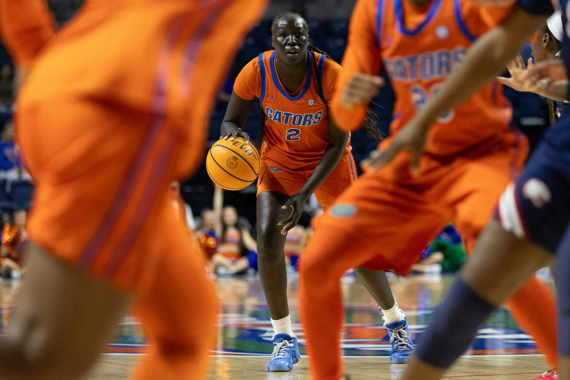 Florida Gators forward Nyadieng Yiech (2) looks for a lane during a NCAA college basketball game against South Alabama, Sunday, Dec. 7, 2025, in Gainesville, Fla.