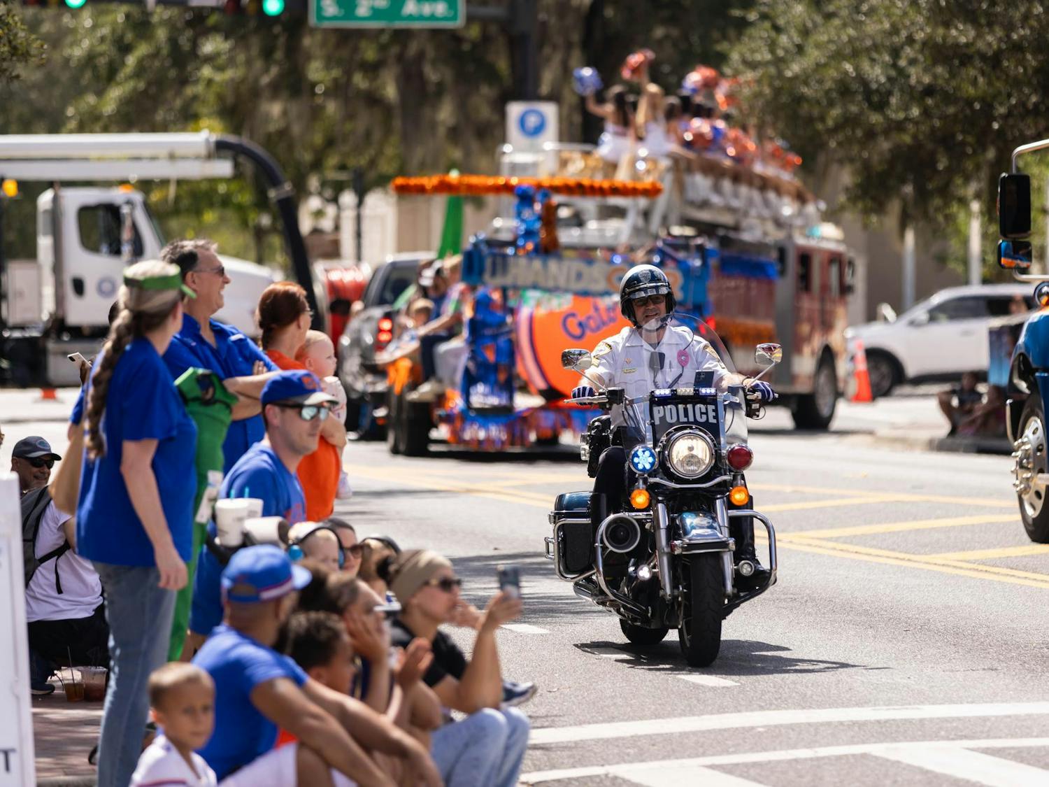 Parade floats travel across University Avenue during the Homecoming Parade in Gainesville on Friday, Oct. 17, 2025.