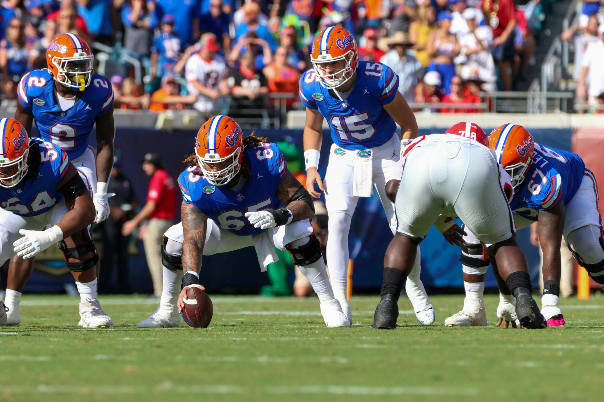 Florida center Kingsley Eguakun prepares to snap the ball in the Gators' 43-20 loss on Saturday, Oct. 28, 2023 in Jacksonville, Florida.