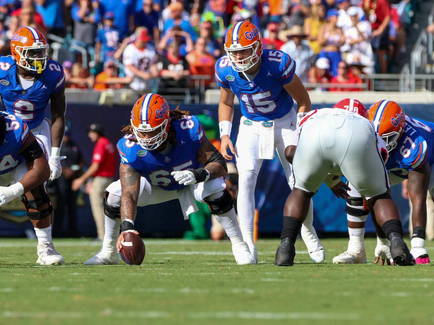 Florida center Kingsley Eguakun prepares to snap the ball in the Gators' 43-20 loss on Saturday, Oct. 28, 2023 in Jacksonville, Florida.