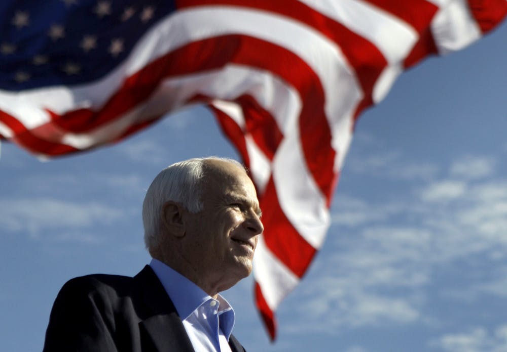 <div class="row collapse"><p>Republican presidential candidate Sen. John McCain, R-Ariz., speaks at a 2008 rally in Tampa, Fla. Aide says senator, war hero and GOP presidential candidate McCain died Saturday, Aug. 25, 2018. He was 81.</p></div>